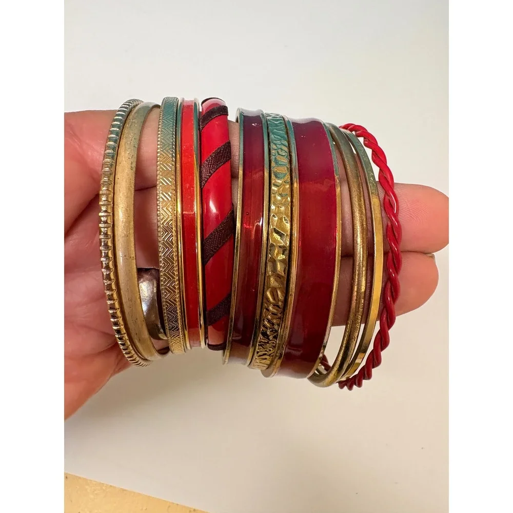 Red Gold Bangle Bracelet Set 11pc‎ Stackable Enamel Hammered Boho